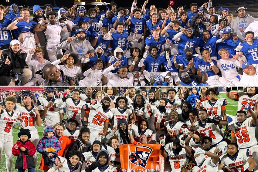 Photo collage of E. C. Glass and Heritage football teams on field celebrating regional win