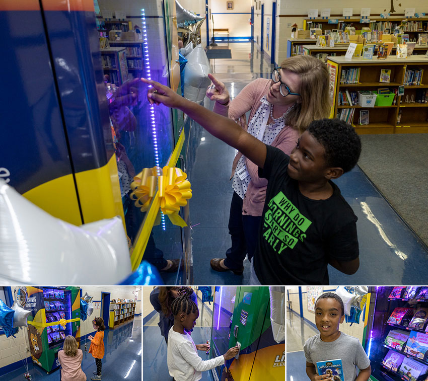 4 photos of students using book vending machine