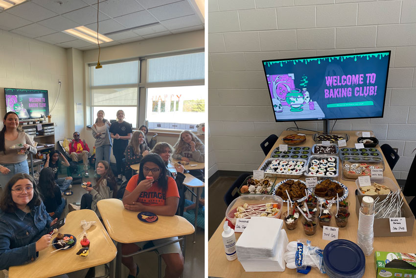 Students at Baking Club eating and table of baked goods with "Welcome to Baking Club" written on presentation in background