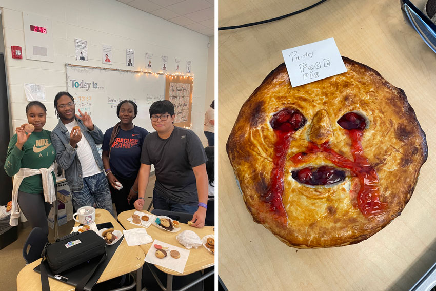 Students trying baked goods during club meeting. Close-up of Halloween-themed baked good.