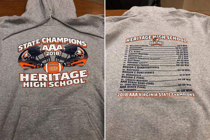 Shirt with State Champions AAA 2018 Heritage High School graphic on front and schedule on back